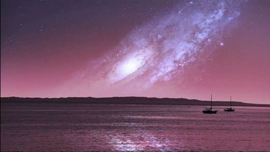 アンドロメダ銀河との衝突を間近に迎えた地球(想像図)